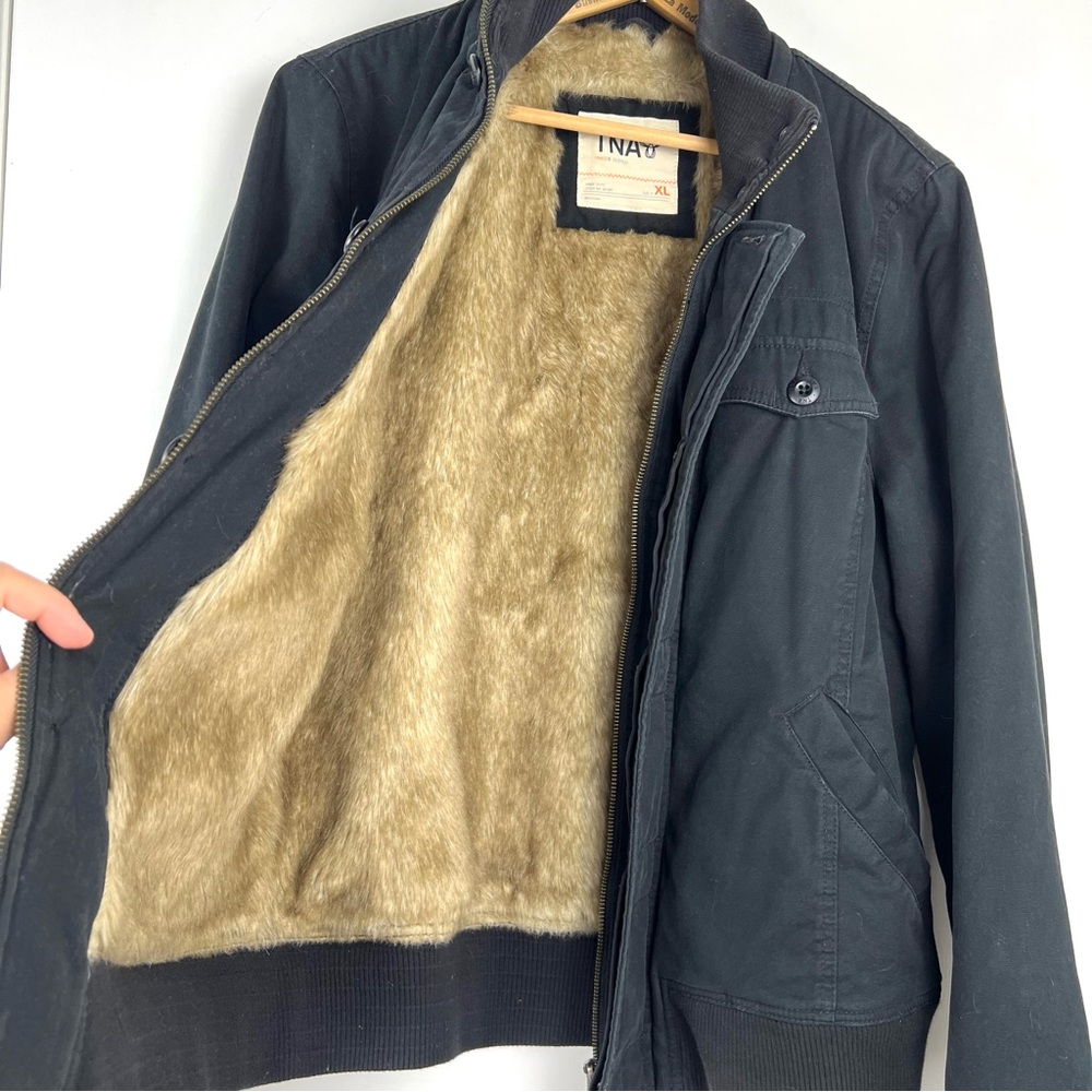 Aritzia TNA Maverick Faux Fur Lined Bomber Jacket sz XL Black/Brown Cozy Winter